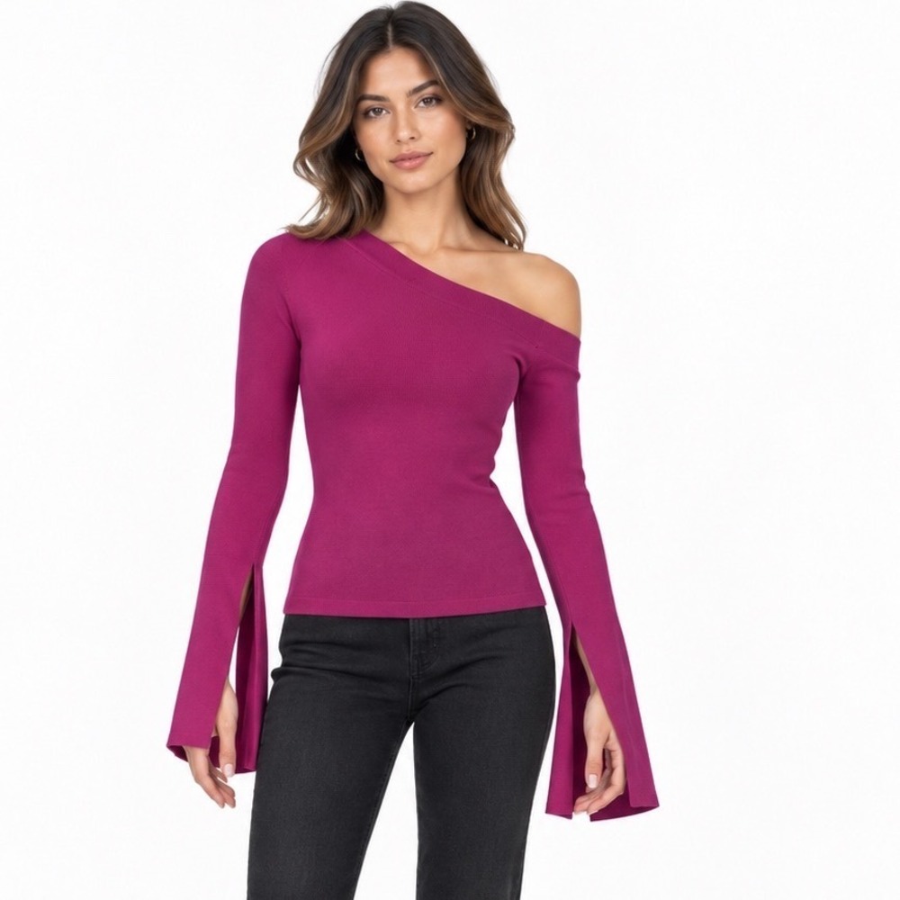 Solace London Mariette Top One Shoulder Bell Sleeve Magenta Purple US 10 OS1656